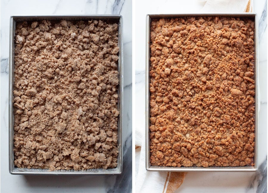 Left image is crumb topping sprinkled over the coffee cake. Right image is the coffee cake baked with the crumb topping golden brown.