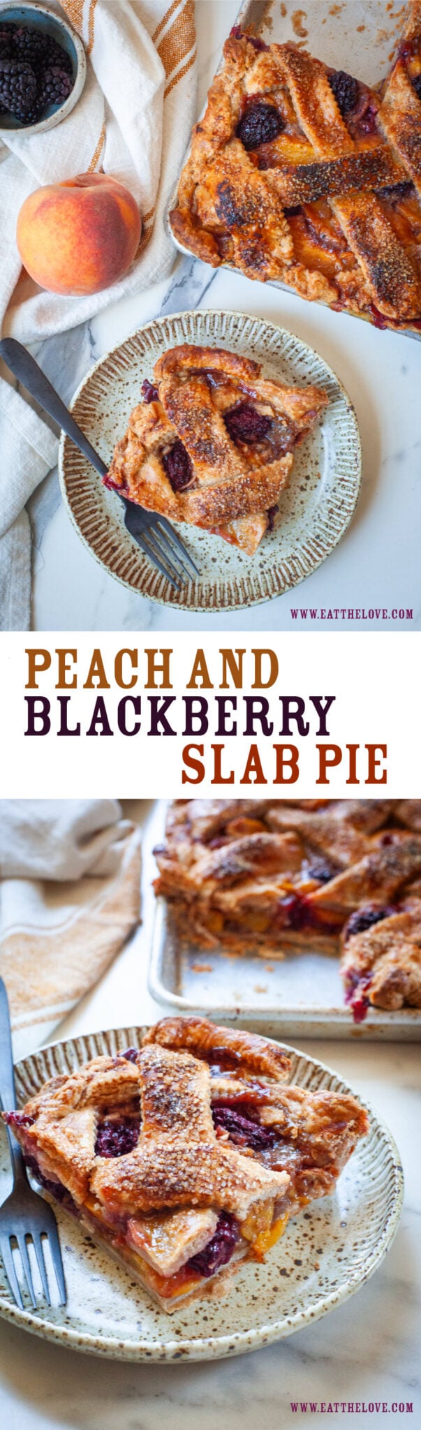 Top image is a slice of peach and blackberry slab pie on a plate with the remaining pie next to it. Bottom image is a slice of peach and blackberry slab pie on a plate with the remaining pie behind the plate.