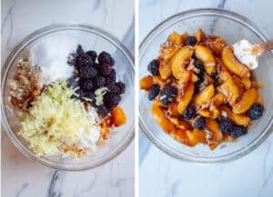 Left image is slice peaches, blackberries, white sugar, brown sugar, tapioca starch, raspberry vinegar, spices, salt, vanilla and almond extract and a grated Granny Smith Apple in a bowl. Right image is all of those ingredients mixed together.