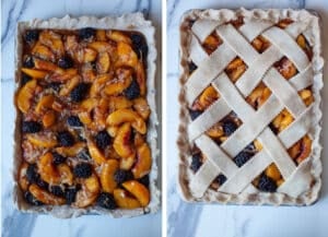 Left image is the slab pie with the fillings placed in the bottom crust in the pan. Right image is a woven top crust on the slab pie.