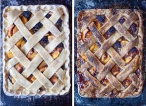 Left image is the unbaked peach and blackberry slab pie ready to be put in the oven. Right image is the golden brown and baked out of the oven.