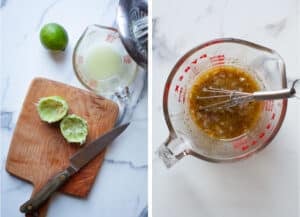 Left image is limes rinds juiced into a glass measuring cup, sitting on a small cutting board next to a knife. Right image is lime dressing stirred together, with a small whisk in the measuring cup.