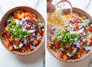 Left image is a large bowl with avocado chunks, corn, sliced grape tomatoes, and chopped Serrano peppers. Right image is the lime dressing being poured over the salad ingredients.