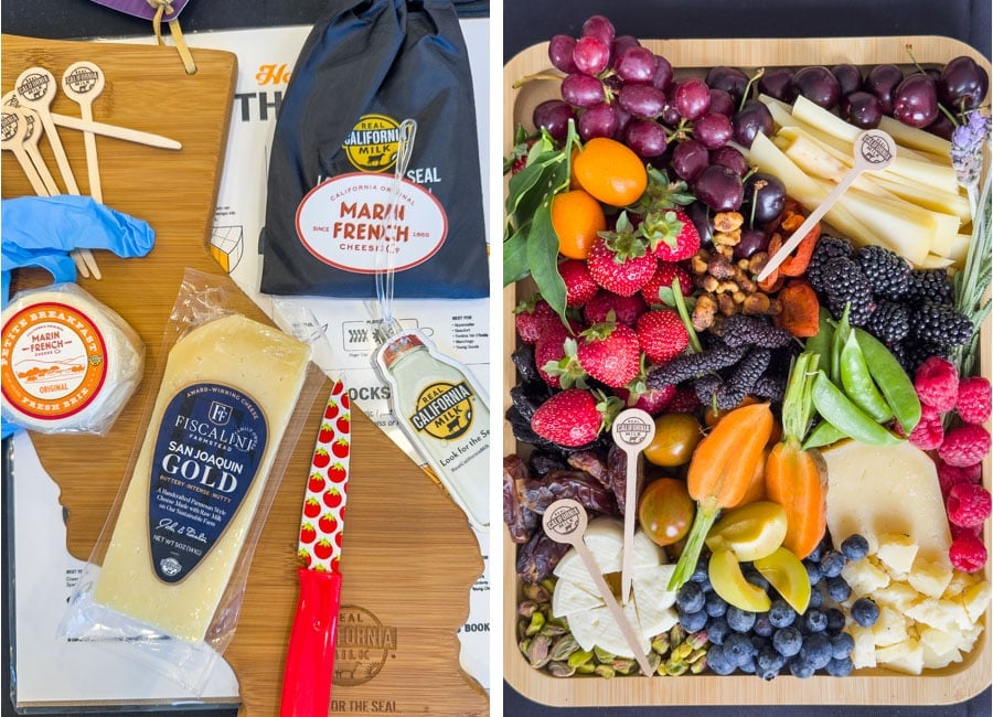 Left image is a lot of cheese and California Dairy products like a cutting board in the shape of California and a knife with tomatoes on it. Right image is a grazing board filled with fruit and cheese.