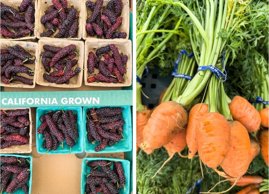 Left image is mulberries in small cartons. Right image is a short stubby carrots with the greens still on them.