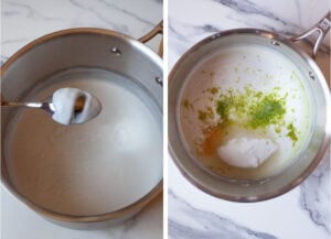 Left image a pot of thickened coconut cream with a spoon with a line drawn through it showing it has thickened properly. Right image image is sugar, honey, lime zest, lime juice, and salt added.