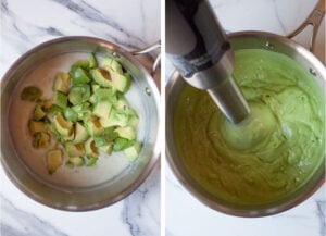 Left image is avocados diced up and added to the coconut cream. Right image is an immersion blender in the pot, having pureed the avocados into the coconut cream to form a smooth mixture.
