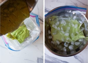 Left image is avocado ice cream puree being poured into a gallon resealable Ziploc bag. Right image is the Ziploc bag submerged in an ice bath.