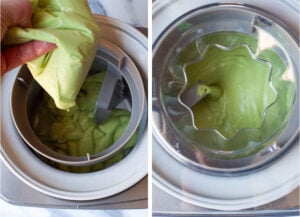 Left image is the avocado puree being poured into the ice cream maker canister. Right image is the ice cream being freezed in the maker.