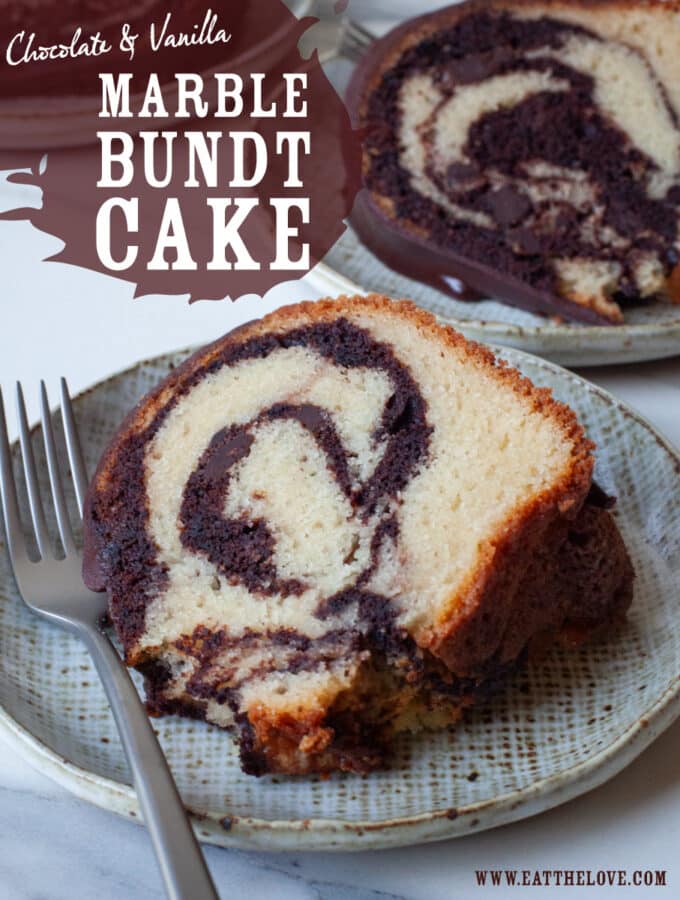 A slice of marbled Bundt Cake on a plate with more cake slice behind it. The text on the image says Chocolate and Vanilla Marble Bundt Cake.