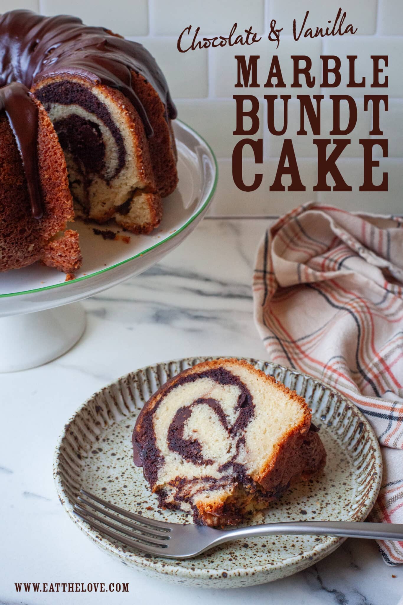 A slice of marble bundt cake on a plate, with the remaining cake behind it on a cake stand. The type on the image says "Chocolate and Vanilla Marble Bundt Cake".