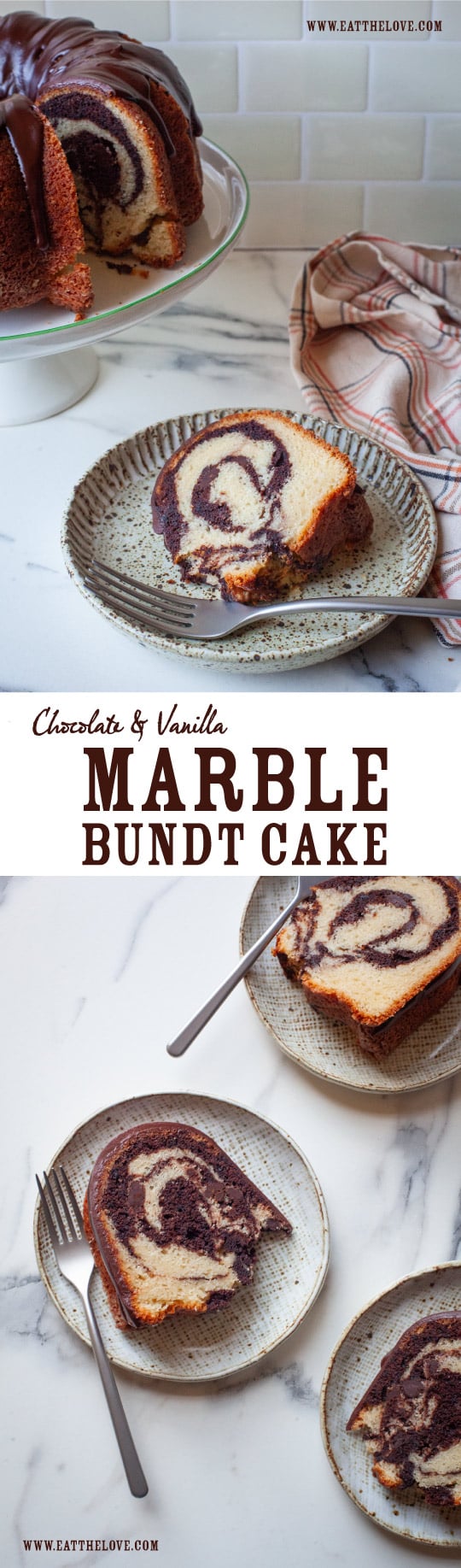 Top image is a slice of marble bundt cake on a plate with the remaining cake behind it on a cake stand. Bottom image is slices of marble bundt cake on plates. The type on the image says Chocolate and Vanilla Marble Bundt Cake.