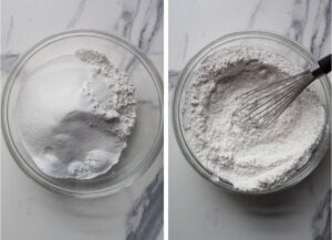 Left image is dry ingredients in a bowl. Right image is all of the dry ingredients whisked together, with a balloon whisk in the bowl.