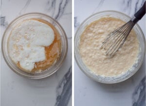 Left image is the wet ingredients in a bowl. Right image is the ingredients combined together with a whisk in the bowl.