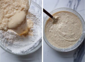 Left image is the wet ingredients being poured into the bowl with the dry ingredients. Right image is the cake batter mixed together.