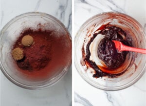 Left image is cocoa and brown sugar in a bowl. Right image is the coffee mixed into the cocoa and brown sugar, making a paste.