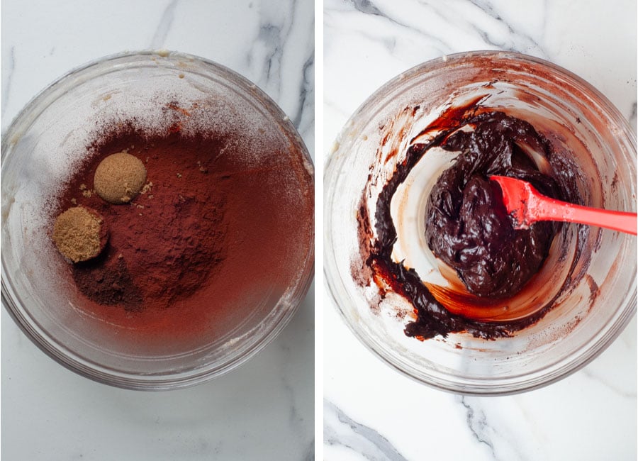 Left image is cocoa and brown sugar in a bowl. Right image is the coffee mixed into the cocoa and brown sugar, making a paste.
