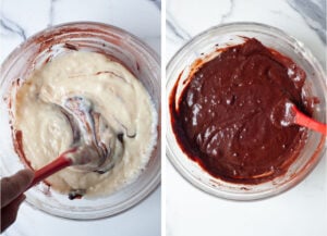 Left image is cake batter added to the chocolate paste. Right image is the the batter and the cocoa paste mixed together to form a chocolate cake batter.