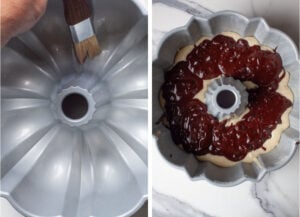 Left image is a brush greasing the inside of a bundt pan. Right image is vanilla and chocolate cake batter layered in the greased pan.