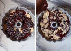 Left images is chocolate chips sprinkled into the pan. Right image is a hand swirling the batter with a chopstick.