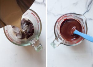 Left image is hot cream being poured over chopped chocolate. Right image is the melted chocolate and cream ganache, with a spatula in the glass measuring cup.