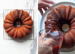 Left image is the bundt cake sitting on a cooling rack. Right image is a hand pouring the warm ganache over the burnt cake.