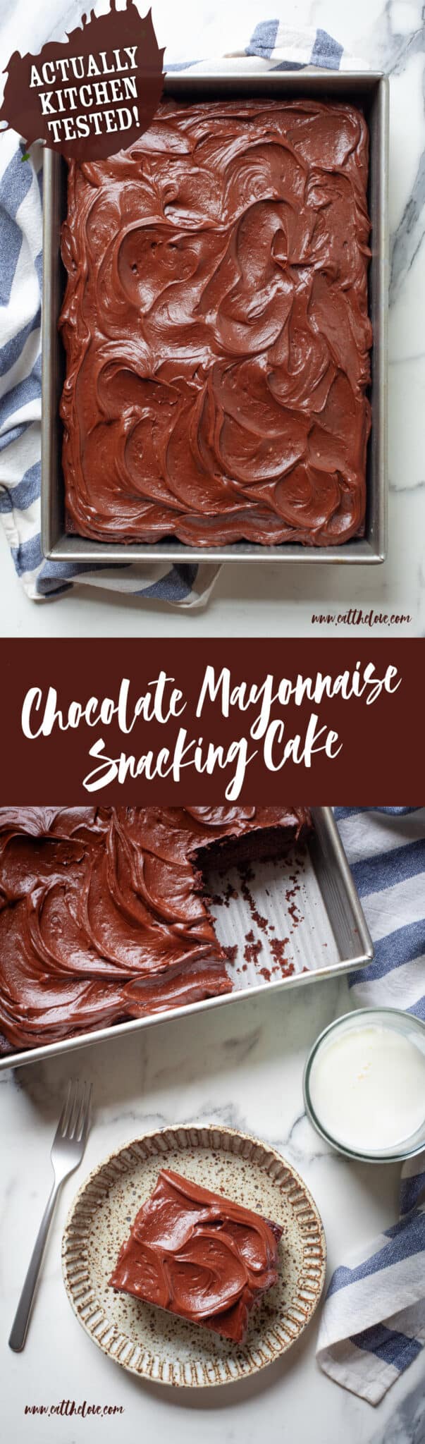 Top image is chocolate mayonnaise snacking cake in a pan. Bottom image is a slice of the cake on a plate, with the remaining cake in a pan next to it.