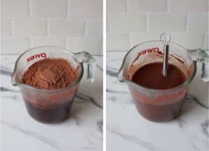 Left image is coffee in a glass measuring cup with natural cocoa in it. Right image is the cocoa whisked into the coffee, with a small whisk in the liquid.