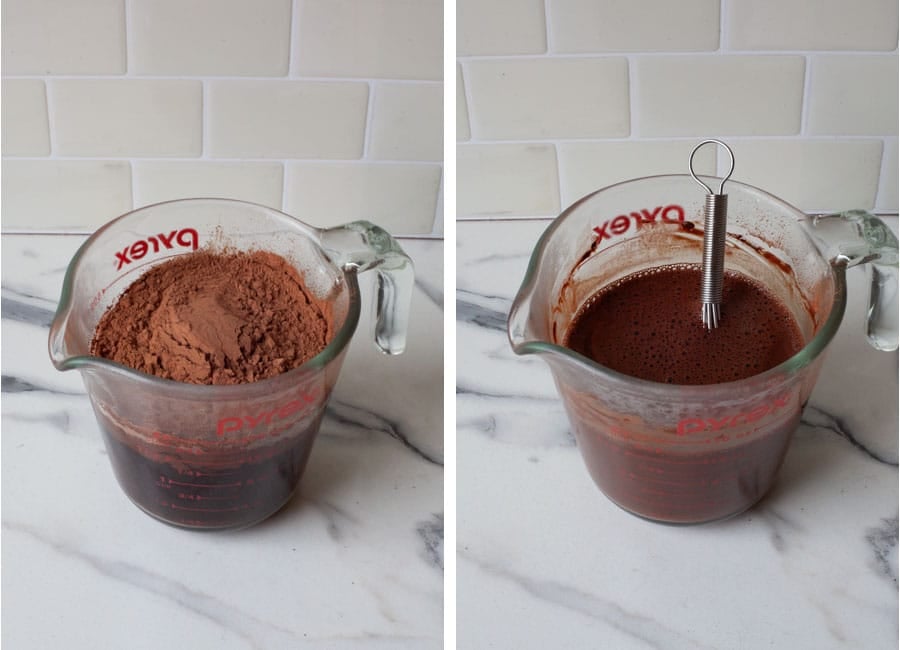 Left image is coffee in a glass measuring cup with natural cocoa in it. Right image is the cocoa whisked into the coffee, with a small whisk in the liquid.