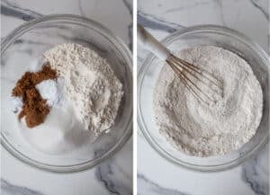 Left image is flour, white sugar, brown sugar, baking powder, baking soda, and salt in a glass bowl. Right image is all the dry ingredients whisked together.