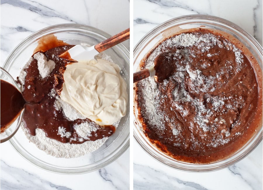 Left image is mayonnaise and vanilla in the bowl with dry ingredients, with the cocoa coffee mixture being poured into the bowl. right image is a spatula mixing the ingredients together.