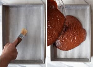 Left image is a hand brushing melted butter into a baking pan. Right image is the cake batter being poured into the pan.