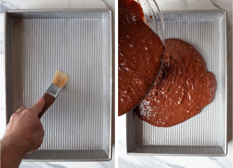 Left image is a hand brushing melted butter into a baking pan. Right image is the cake batter being poured into the pan.