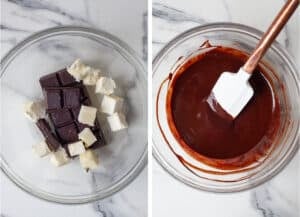 Left image is chocolate and butter in a glass bowl. Right image is a spatula mixing the melted chocolate and butter together until smooth.