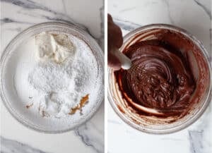 Left image is powdered sugar, sour cream, corn syrup, and vanilla added to the melted butter and chocolate in a glass bowl. Right image is a whisk blending all the frosting ingredients together.