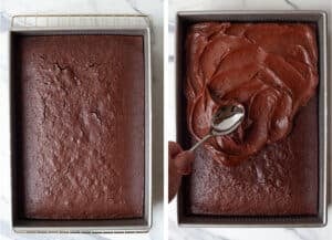 Left image is cake baked in a pan. Right image is a spoon spreading the chocolate frosting over the cooled cake.