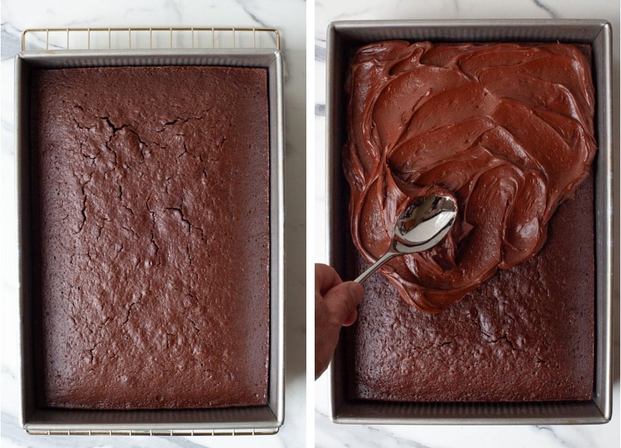 Left image is cake baked in a pan. Right image is a spoon spreading the chocolate frosting over the cooled cake.